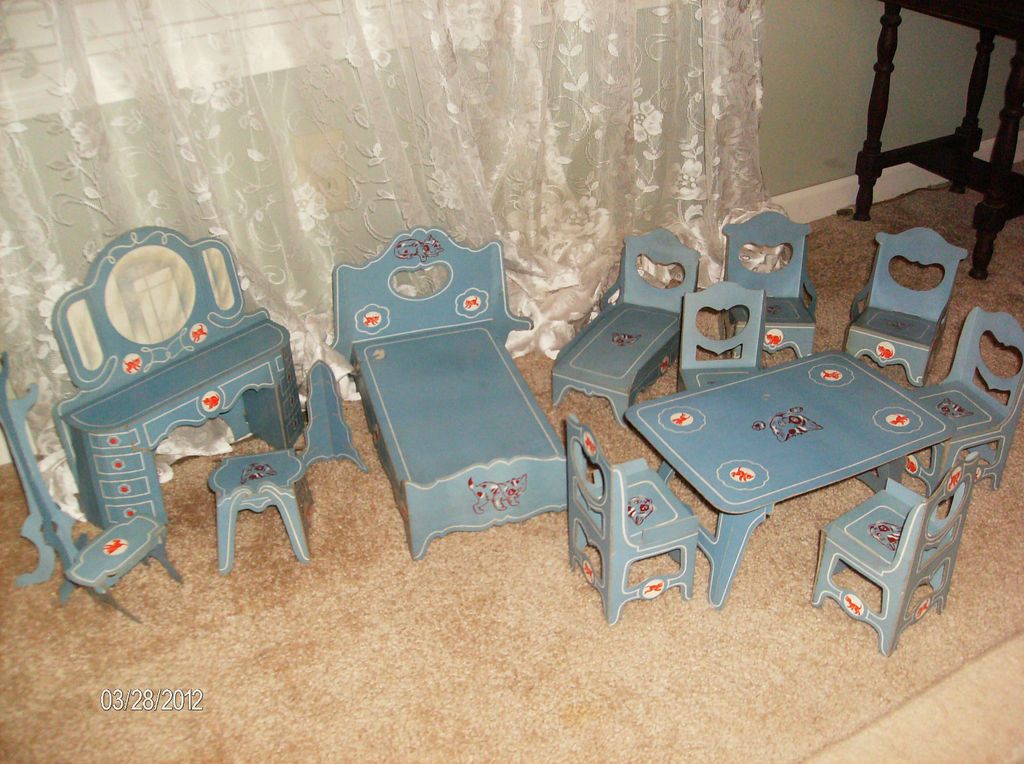 VINTAGE Baby BLUE Real DOLL Furniture PAPER House BEDROOM Milton STURM