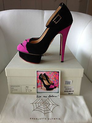 945 CHARLOTTE OLYMPIA DOLORES KISS ME BLACK FUCHSIA PLATFORM SUEDE