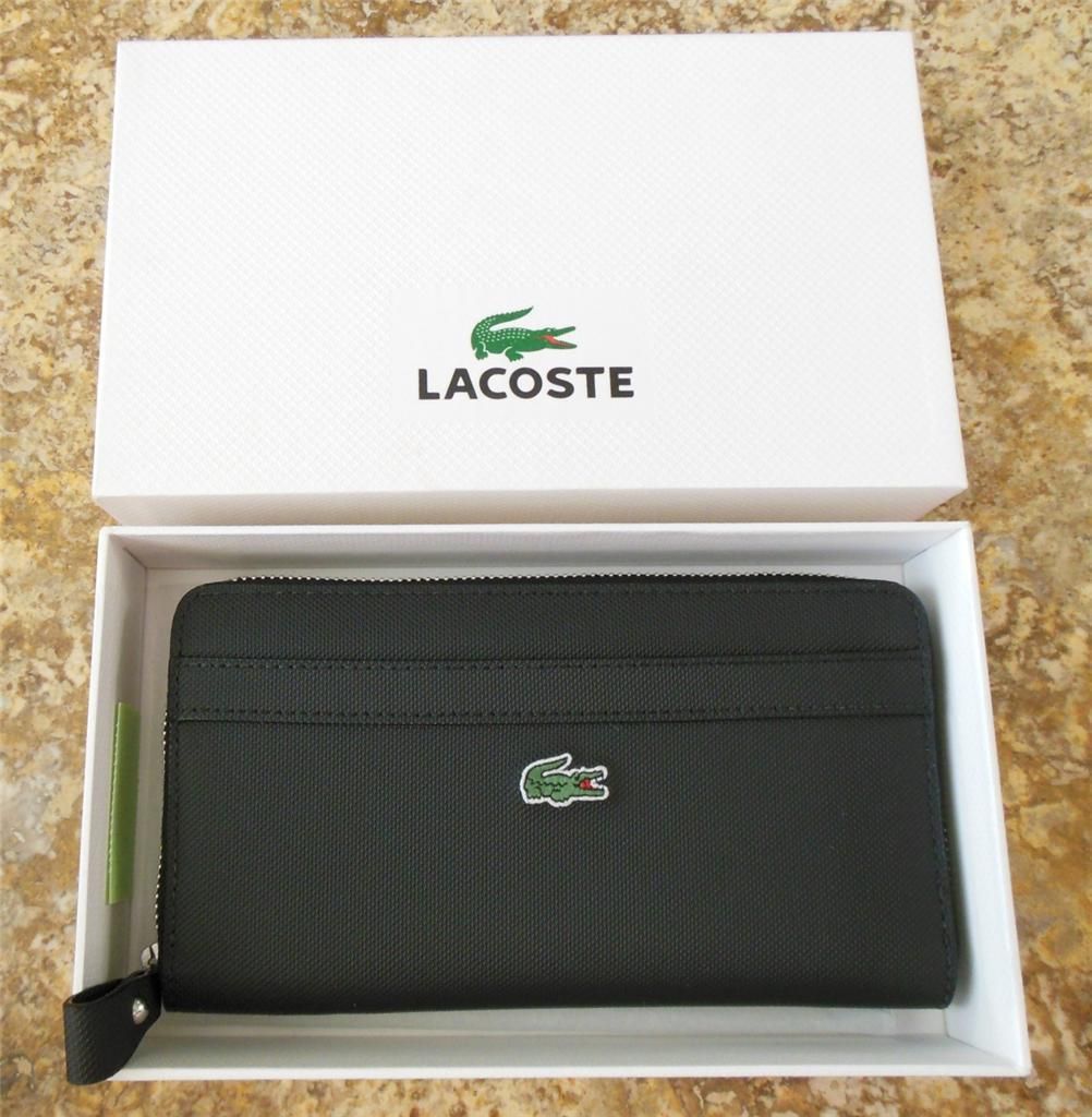 LACOSTE NWT Black Checkbook Zipper Wallet Clutch Coin Bill Credit Card