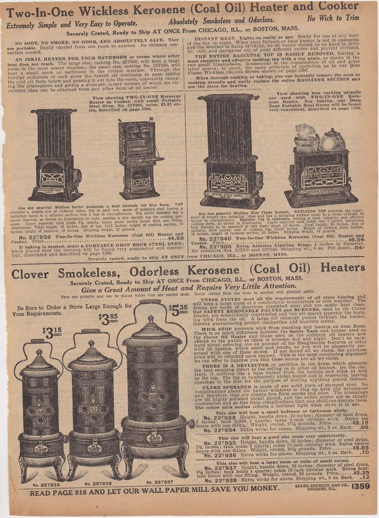 CLOVER KEROSENE HEATERS ANTIQUE  ROEOBUCK SALES CATALOG