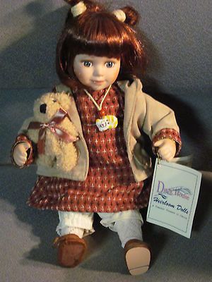 Duck House Heirloom Doll 12 tall holding bear, cat necklace, auburn