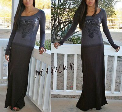 TIE DYE WESTERN STEER HEAD FEATHERS LONG MAXI COTTON DRESS S M L