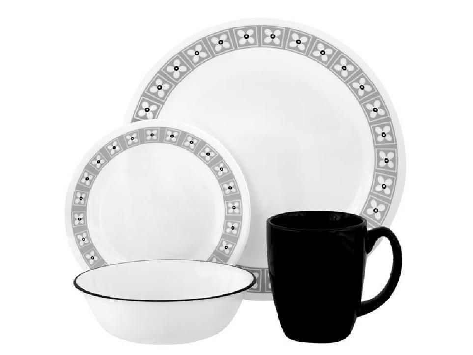 CORELLE 16pc FLORAL CONNECTION Dinnerware Set BLACK/GREY GRAY FLORAL