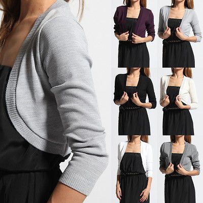 MOGAN S~3X Basic 3/4 Sleeve Cropped OPEN CARDIGAN Plain Stretch Shrug