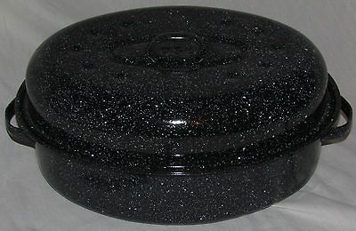 Vtg Enamelware Graniteware Black White Roasting Cooking Baking Pot