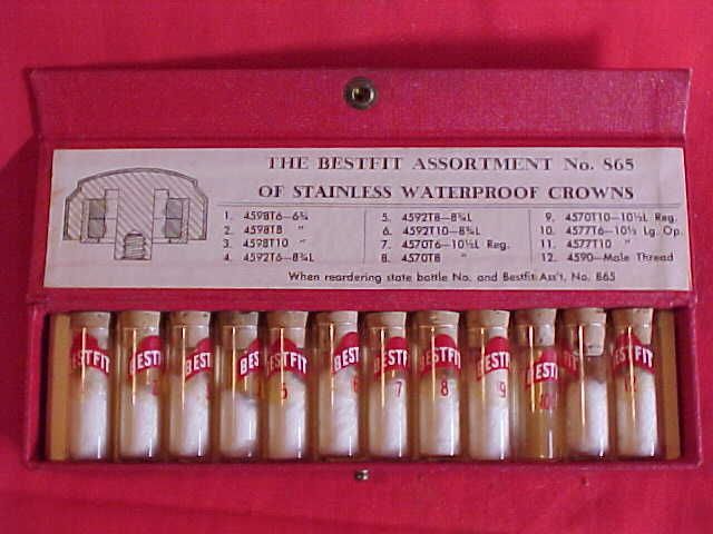 Best Fit Assortment No. 865 Watch Crown Vials (12) Empty Orig Box Vgc