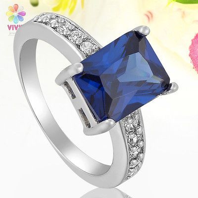 Blue Sapphire Topaz 18k White Gold Plated Emerald Cut Ring Size 6