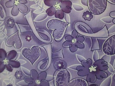 BREAST CANCER PURPLE HEARTS FLOWERS RIBBONS COTTON FABRIC FQ