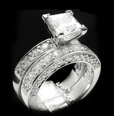 GRADE 14K WG P 2.5CT PRINCESS CUT RUSSIAN SIMULATED DIAMOND RING SET