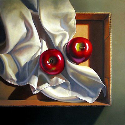 DANFORTH Apples & Linen in Box, 20x20 original oil painting canvas