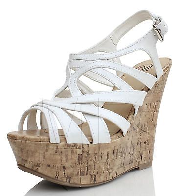 Off White Leatherette Multi Straps Slingback Cork Platform Wedge Mild