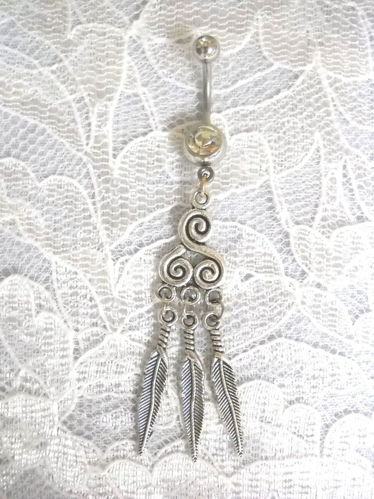 TRIBAL SWIRL w 3 DANGLING FEATHERS CLEAR BELLY BUTTON RING