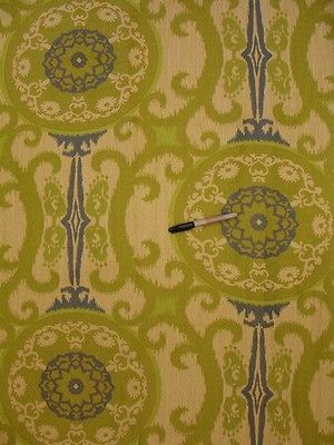 Woven Large Geometric Suzani Ikat Medallion Blue Lime Cream Upholstery