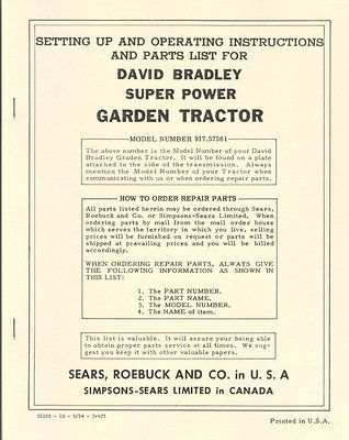 David Bradley Super Power Garden Tractor Manual Model 917.57561 
