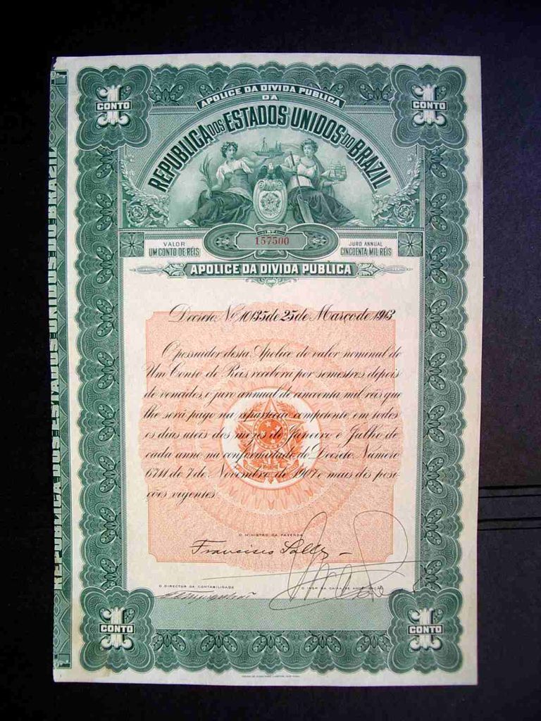 United States of Brazil 1913 Apolice Da Divida Publica 1 Conto Bond