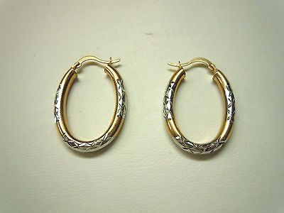 14K Two Tone Diamond Cut Oval Hoop Earrings