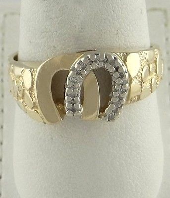 MENS 14K YELLOW GOLD DIAMOND DOUBLE HORSESHOE NUGGET FINE JEWELRY BAND