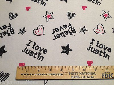 LOVE JUSTIN girls pink BIEBER FEVER star HEART fat quarter FQ 18 x