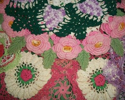 Vintage DOILIES Dresser Scarves w ROSETTES CROCHET Colors Doily