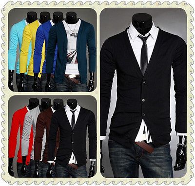 Mens Slim Fit V neck Long Sleeves Knitwear Cardigan Sweater