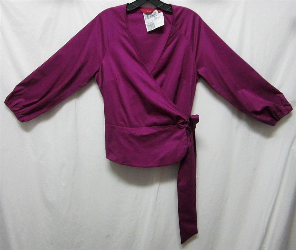 Sz M 3/4 Sleeve V Neck Wrap Top w Side Tie & Elastic Wrist