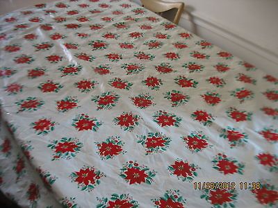 VTG. LARGE 6O ROUND CHRISTMAS TABLECLOTH, POINSETTIAS OIL CLOTH