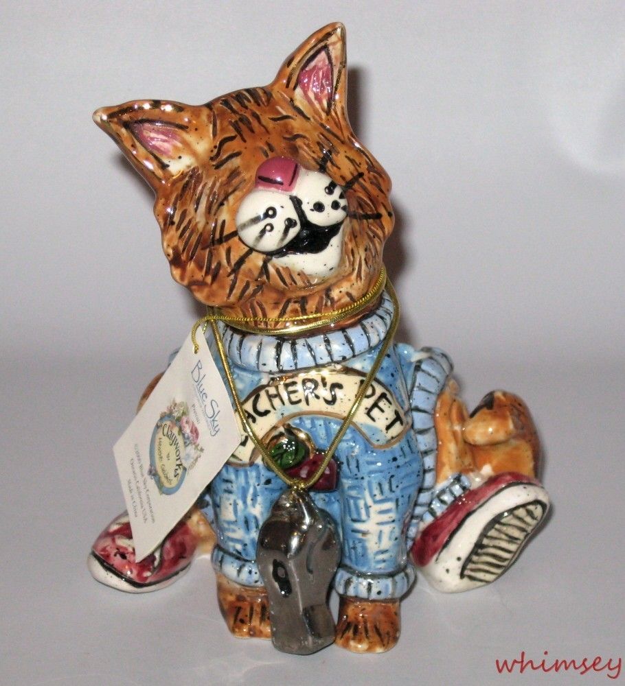 Blue Sky Clayworks Cat + Whistle Pen Pencil Holder Teachers Pet