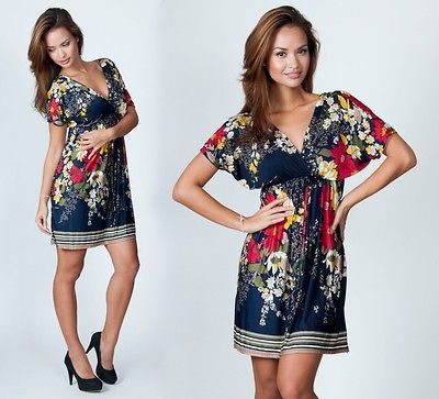 NEW Womens Floral Navy Blue VNeck Kaftan Tunic Kimono Summer Mini