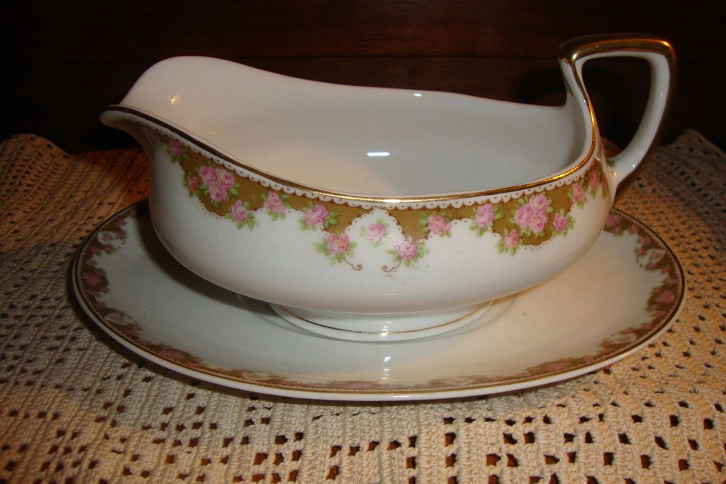 HUB Austria Gravy Boat Underplate Set Gold Pink Roses XLT