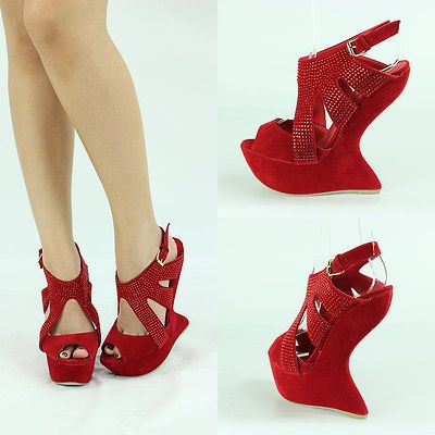 RED PEEP TOE RHINESTONE SLINGBACK HIGH HEEL LESS PLATFORM WEDGE SANDAL