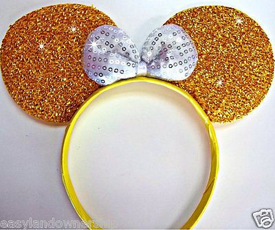 MINNIE MOUSE EARS Headband Gold Sparkle Shimmer Silver Sequin Bow