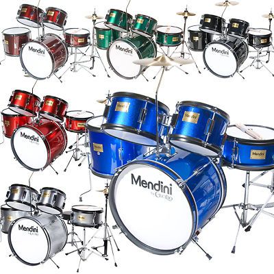 MENDINI 5 PIECE 16 CHILD JUNIOR DRUM SET ~BLUE BLACK GREEN SILVER RED