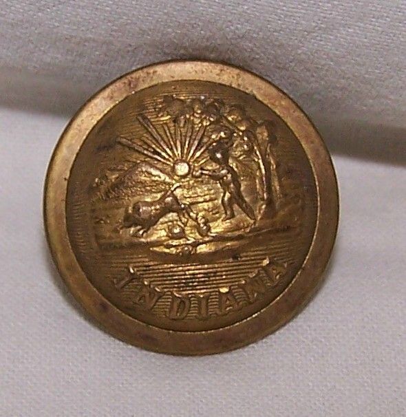 1800S BRASS TWO PIECE INDIANA MILITIA CLOTHING BUTTON WATERBU RY