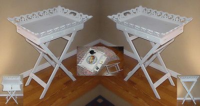Two (2) White wood folding TV tray tables, drawers