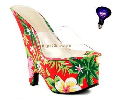 PLEASER Womens Sexy Platform Tropical Hawaii Stripper UV Wedges High