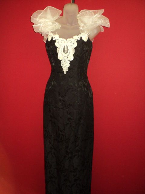 LORALIE ORIGINAL Vintage Black Brocade Pearl Paillettes Ruffle