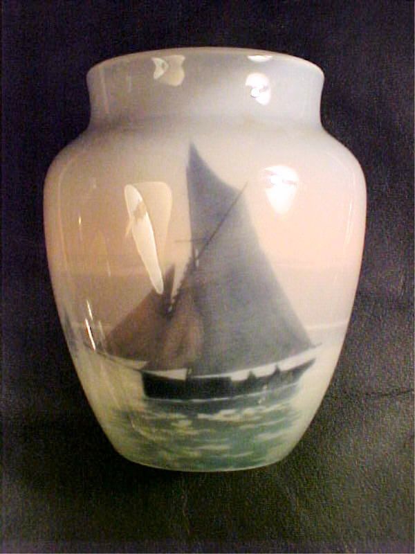 HEUBACH BROS., HAND PTD SAILING SHIP PORC. VASE, c1920