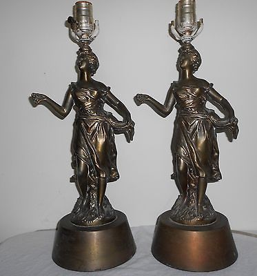 Pair Larger Antique BRONZE Greek MAIDEN LAMPS 19 Vintage Lady Woman