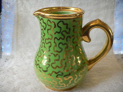 VINTAGE SUDLOWS BURSLEM CHINA MILK PITCHER GREEN WITH GOLD DESIGN