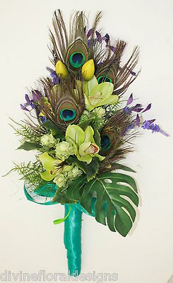 WEDDING FLOWERS, BRIDE / BRIDESMAID PEACOCK FEATHER GREEN, BLUE