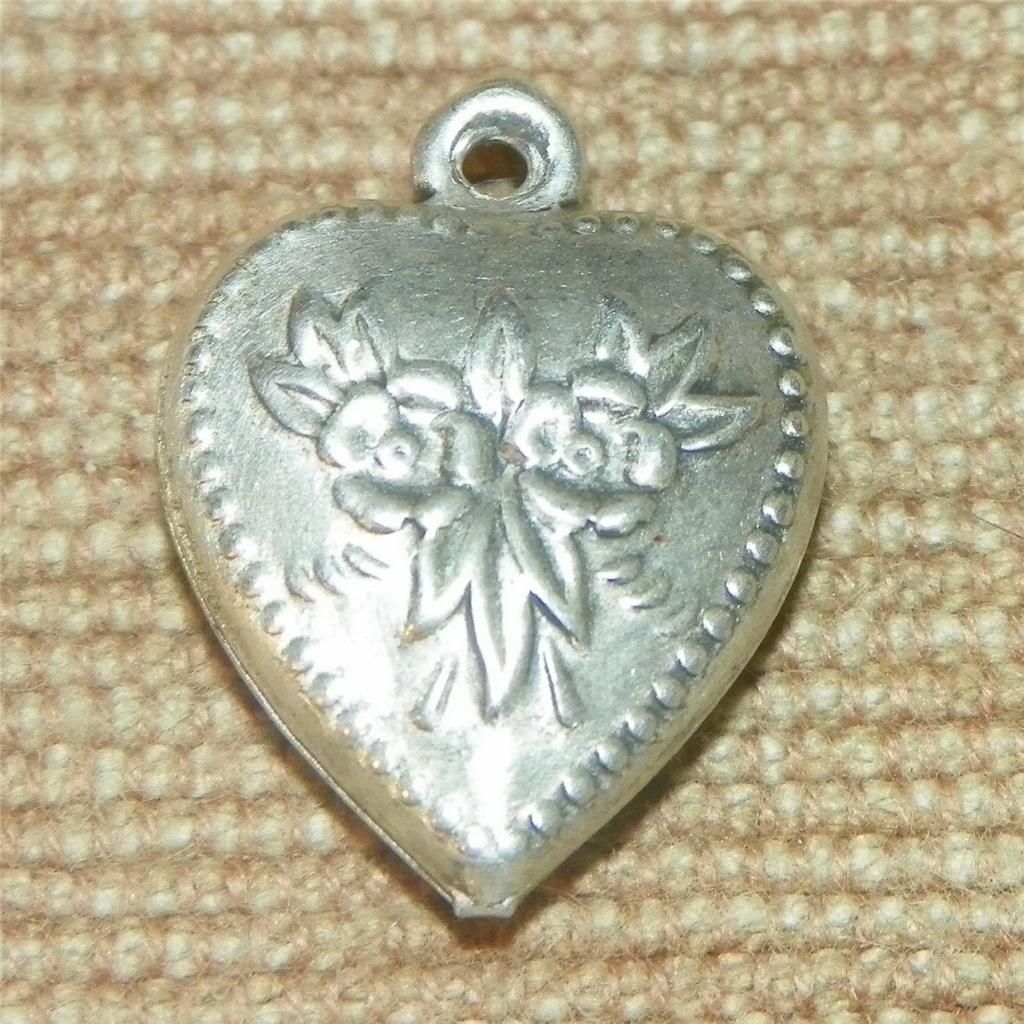 Vintage Sterling Silver Charm 1940s 3D Puffy Heart Flowers Beaded