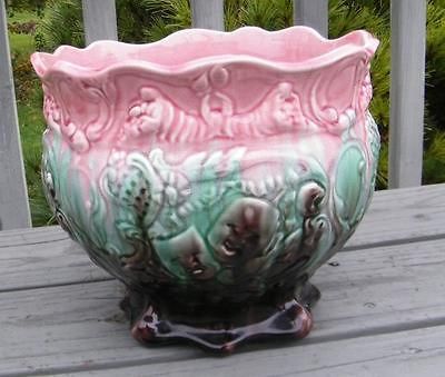 Antique MAJOLICA PINK MASK FACES JARDINIERE PLANTER POT