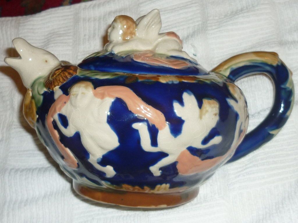 Italian Faience Majolica Lidded Tea/Coffee Pot w/Cherubs, Dolphin