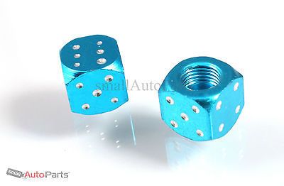 Blue/Chrome Aluminum Dice Tire/Wheel Air Stem VALVE CAPS for