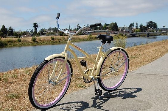 cruiser bike, cream with pink rims, classic single speed beach bike