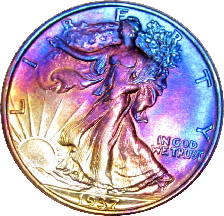 1937 Walking Liberty Half Dollar Near Choice BU Uncirulated Rainbow